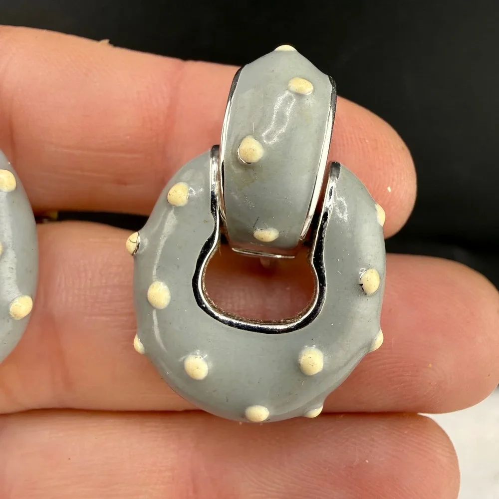 Vintage St John Earrings Grey Cream Studded Enamel Door Knocker Clip On